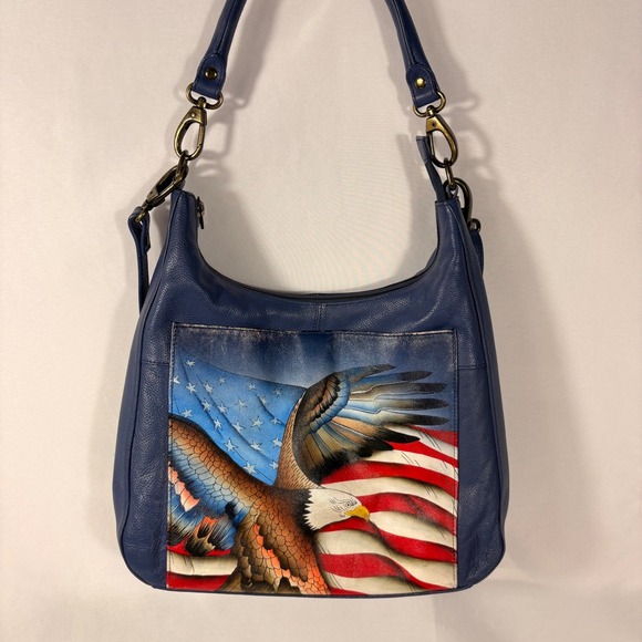 Anuschka Hand Painted Leather Hobo Bag Patriotic American Flag Bald Eagle Blue